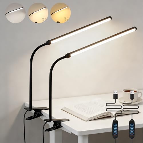 2 Pack LED Desk Lamp with Clamp,Eye-Friendly Clip on Lights for Home Office Study Reading,3 Modes 10 Brightness,Long Flexible Goose-Neck,Swing Arm Architect Task Table Lamps USB Usage - color: Black, size: 11inch/2 pack