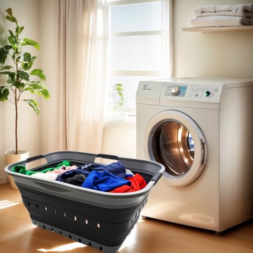 SAMMART 42L (11 gallon) Collapsible Plastic Laundry Basket - Foldable Pop Up Storage Container/Organizer - Portable Basket - Space Saving Hamper/Basket (2, Grey/Black) - color: Grey/Black