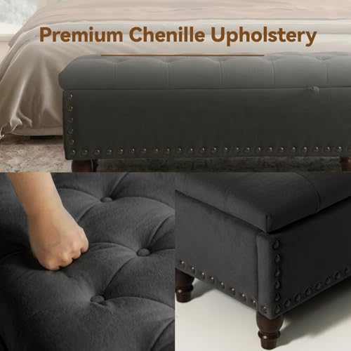 42'' End of Bed Storage Bench with Dual-Surface Lid, Upholstered Ottoman with Hidden Storage, Chenille Bench Seating with Wood Panel Seat for Entryway,Living Room,Bedroom-Black - color: 5-black