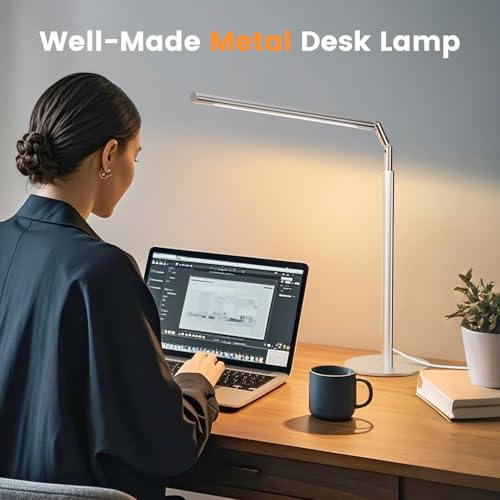Silver LED Desk Lamp, 16" Dimmable Metal Desk Light with Base, 15W 1200LM, Adapter Included, Color & Brightness Adjustable, Modern Tall Table Lamp for Home Office Reading Study Task Laptop - color: Silver