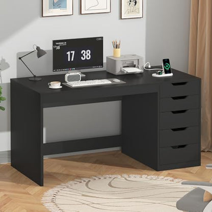 47 Inch Small Computer Desk with 5 Drawers and Outlets for Home Office | Home Office Desks with Storage File Cabinet and Charging Station, Modern Simple Laptop Desk Writing Table, Black - color: Black