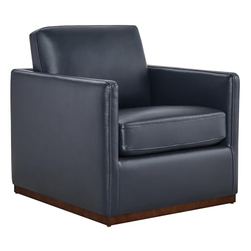 CHITA Genuine Leather Swivel Chair, Wood Frame, Fully Assembled, Navy | Leather Arm Chair with 360° Swivel Solid Wood Base, Mid Century Modern Living Room Chair, 33"Dx30"Wx33"H, 300 Lb Capacity - color: Navy