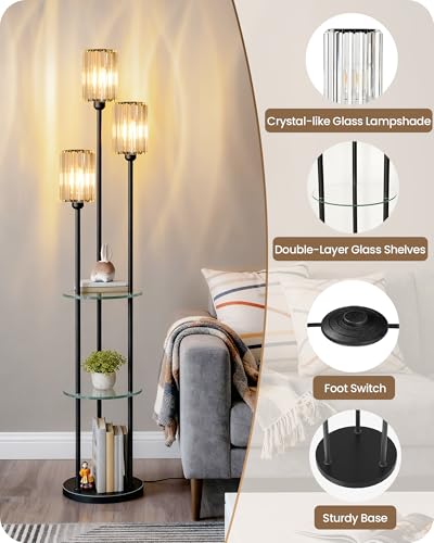 Black Floor Lamp with Shelves, Modern Floor Lamp with 3 Crystal Shades and Foot Switch, 3-Light Standing Lamp, for Living Room, Bedroom, Study, Office, Black B53LD05 - color: Black + Crystal Glass