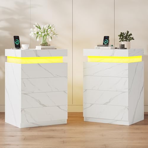 ADORNEVE Night Stands with Drawers Set of 2,White Marble Color | Modern Nightstand with Charging Station,LED Light,Sliding Top,Bedside Table with Drawers,Bed Side Tables Bedroom - color: White Marble, size: 2PC