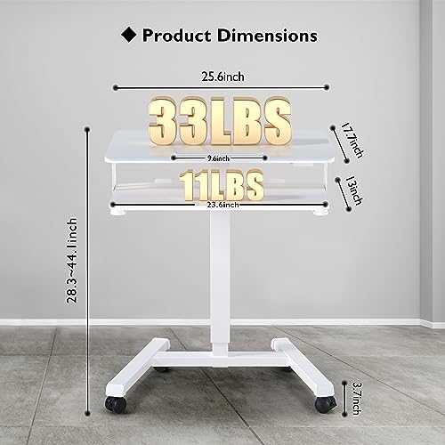 BONTEC Mobile Standing Desk with Keyboard Tray, Mobile Podium on Wheels | Rolling Laptop Sit Stand Desk, Adjustable Height Desk Up to 33lbs, Portable Computer Workstation Cart for Living Room, White - color: White