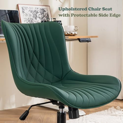 YOUTASTE Dark Green Armless Office Chair, Modern Adjustable Swivel Desk Chair with Wheels, Upholstered PU Leather, Black Metal Legs, Back Support for Home Office, Study, Vanity, Bedroom - color: Dark Green
