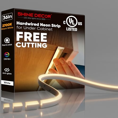 Under Cabinet Lighting Strip, Free Cuttable LED Silicone Neon Rope Hardwired 24V Anti-Glare Bright Cozy 756 Lumen for Indoor, Adhesive White Shell 2700K Warm 36” UL Certified, No Adapter - color: Warm LEDs + White Shell, size: 36 inch