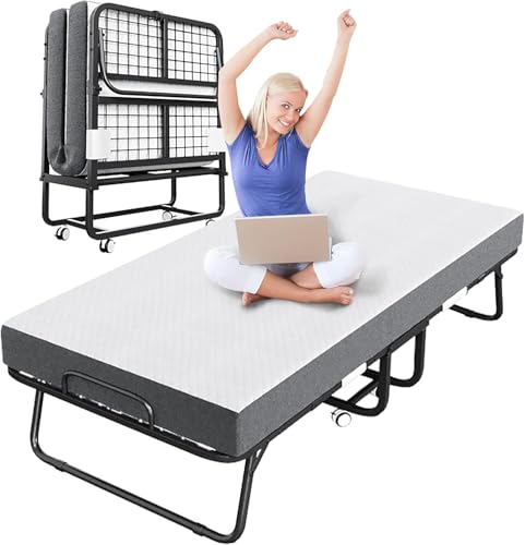 Folding Bed with Mattress, Portable Rollaway Bed for Adults - Foldable Cot Size Bed Frame with 5" Memory Foam Mattress and Storage Cover, Guest Day Bed with Metal Fold Up Bed on Wheels, 75"x31" - size: 31x75 INCH(NEW)