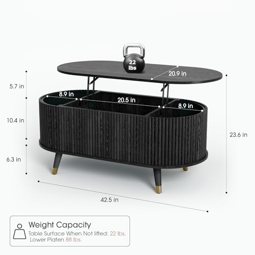 JOINICE Oval Lift Top Coffee Table with Storage for Living Room,42.5",Black | Large Hidden Storage,Boho Fluted Panel,Pop Up Center Table with Wooden Legs,Lifts to 22.4",Holds 88lbs,Easy Assembly - color: Black_oval