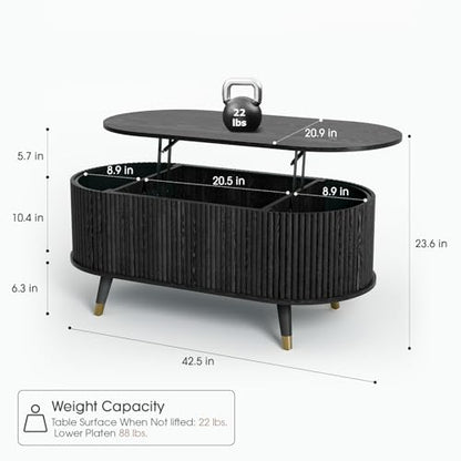 SULIVES Oval Coffee Table with Storage,Multifunctional Lift Top Drum Coffee Table, Small Fluted Center Table for Living Room, Black - color: Black_oval