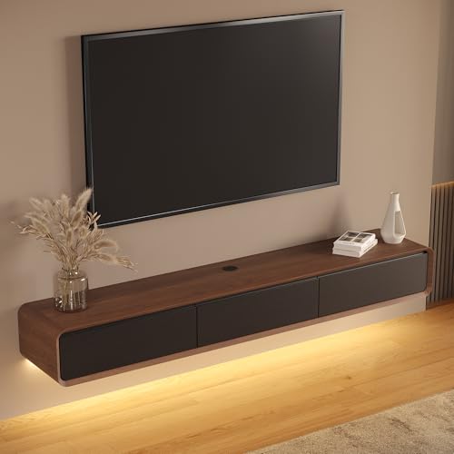 POVISON Fully-Assembled Minimalist Floating TV Stand with LED Lights, Modern Wall-Mounted Media Console with 3 Flip-Down Cabinet Doors for 75 Inch TV, Walnut Veneer, 78" - color: Walnut & Black, size: 78.74"