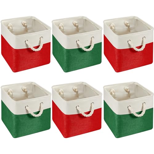 Geiserailie 6 Pcs 11 x 11 Inch Cube Storage Bins Fabric Storage Organizer Bins Foldable Cube Baskets with Sturdy Carry Handles Wicker Baskets for Home (Christmas Color)