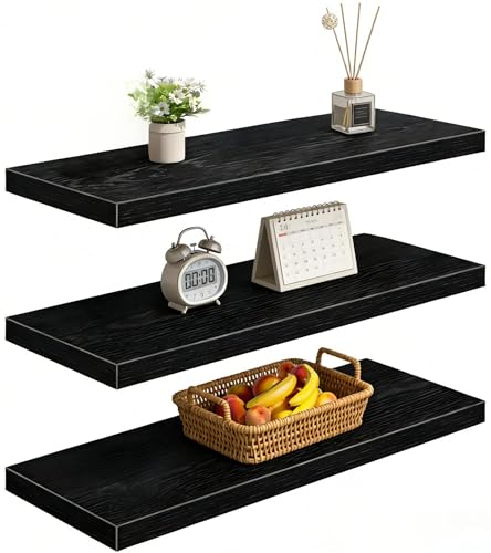 Vervida® Black Floating Wall Shelves 47.2 in Set of 3 Extra Large | Floating Shelves 47.2 x 9.3 Inches for Bedroom, Bathroom Living Room Kitchen, Extra Large Home Decor Display Storage Shelves - color: Black, size: 47.2x9.3
