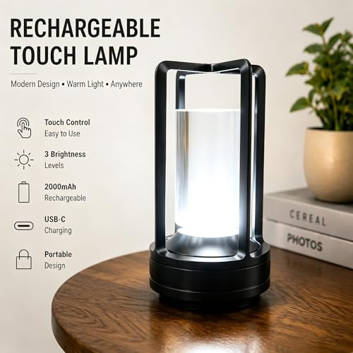 Rechargeable Crystal Table Lamp, 3-Color Touch LED, Black | Black metal crystal lantern, 3-color touch dimming, USB-C rechargeable, compact 7.1 in accent light for patio table - style: black-1