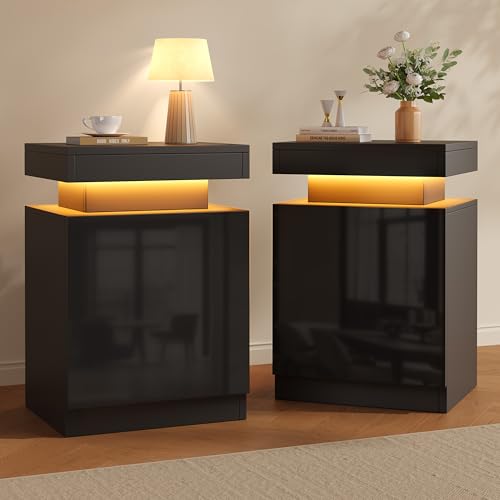 LED Nightstands Set of 2, 17 Inches Night Stand Set 2, Modern Bedside Table with LED Lights, High Gloss Surface, End Table with Storage for Bedroom, Black - color: Black-17"