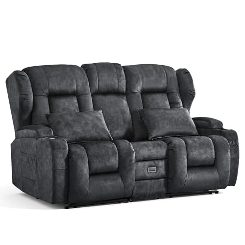 Loveseat Recliner Sofa,RV Wall Hugger Recliners with Flip-up Console,Reclining Loveseat Sofa Recliner with Cup Holders/Lumbar Pillows for Small Spaces,RV Furniture (Gray, 68" 2-Seater) - color: Grey, size: 68" 2-Seater