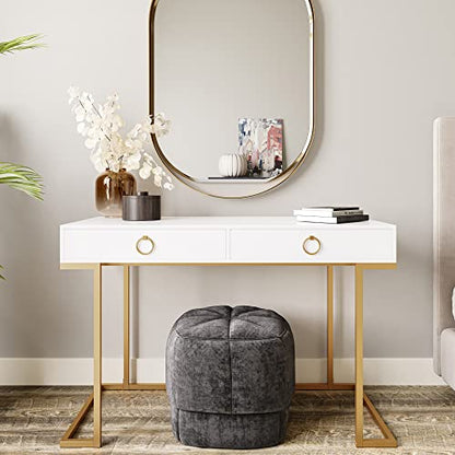 BELLEZE Vanity Desk with 2 Drawers, 45 Inch Computer Desk Mordern Vanity Makeup Dressing Table Home Office Desk Laptop Study Writing Table with Gold Metal Frame, White - color: White, size: 45" L Shape