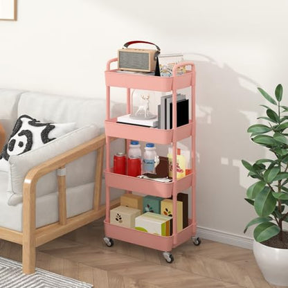 Sywhitta 4-Tier Plastic Rolling Utility Cart with Handle, Multi-Functional Storage Trolley for Office, Living Room, Kitchen, Movable Storage Organizer with Wheels, Pink | Multi-Functional Storage Trolley, for Office, Living Room, Kitchen, Bathroom,Movable