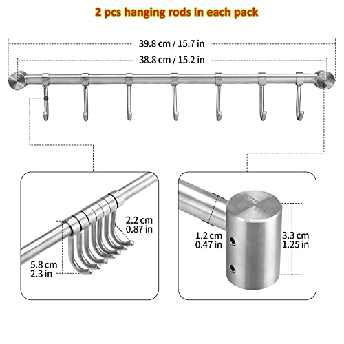 Mug Hanger Rods 16 Inch 2 pcs, 304 Stainless Steel Mug Organizer Tea Coffee Cups Hanging Holder With Sliding Hooks, for Wall Mounted or Under Cabinet, Hanging Rods Silver Chrome Screws Fixed (Silver)