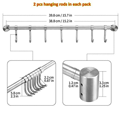 Mug Hanger Rods 16 Inch 2 pcs, 304 Stainless Steel Mug Organizer Tea Coffee Cups Hanging Holder With Sliding Hooks, for Wall Mounted or Under Cabinet, Hanging Rods Silver Chrome Screws Fixed (Silver)