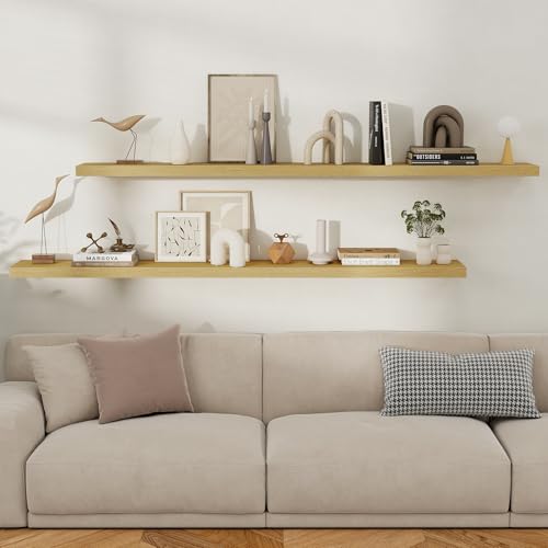 Fun Memories Floating Shelves for Wall, 72 Inch Long Set of 2 Rustic Wood Wall Shelves with Invisible Brackets, Heavy Duty Storage Display for Living Room Bedroom Kitchen, Oak - color: Oak, size: 8"D x 72"L - 2Pack