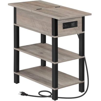 HOOBRO End Table with Charging Station, Flip Top Side Table with USB Ports, Narrow Nightstand Bedside Tables with Storage Shelves, for Small Space, Living Room,Greige and Black BG141UBZ01 - color: Greige + Black