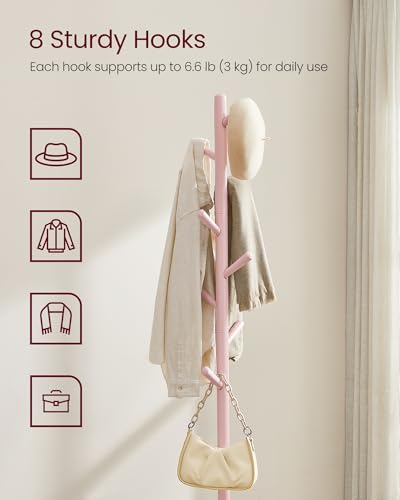 VASAGLE Solid Wood Coat Rack, Free Standing Hall Coat Tree with 8 Hooks, 3 Height Options, for Coats, Hats, Bags, Purses, for Entryway, Hallway, Rubberwood Hooks and Pole, Jelly Pink URCR010R01 - color: Jelly Pink, style: Square Base + Cylindrical Hooks