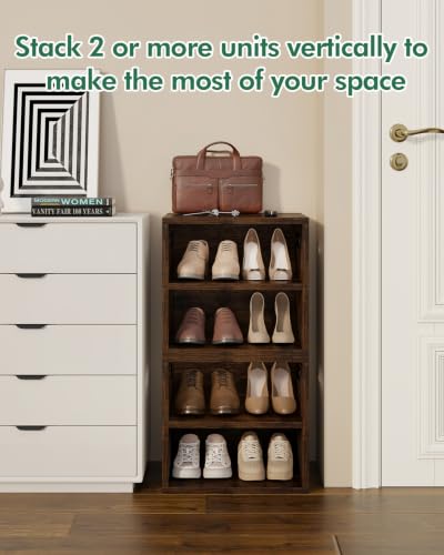 2 Tier Small Shoe Storage Bench Rustic Brown US-FHXD01H | hold up to 4 pairs of shoes, with Adjustable Middle Shelf, Padded Seat Cushion,cut-out handle - color: Rustic Brown