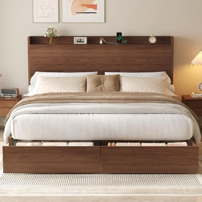 King Size Bed Frame with Storage Headboard & 2 Drawers, Mid-Century Modern Platform Bed with Charging Station & Shelf, Wooden Slat Support, No Box Spring Needed (King (U.S. Standard)) - size: King (U.S. Standard)