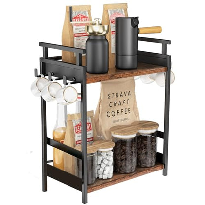 KLM 2 Tier Coffee Bar Organizer for Home Office, Spice Rack for Countertop, Kitchen Counter Storage Shelf with Hanging Basket, Coffee and Tea Condiment Station Organizer