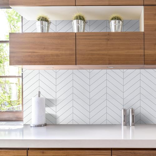STICKGOO Herringbone Peel and Stick Backsplash, White/Grey Grout, 10 Sheets | 12.6 x 9.7 in, Thicker Rectangular Vinyl Stick-On Wall Tiles, Easy Alignment, Waterproof, Easy to Clean, Kitchen/Bathroom - color: White With Grey Grout, size: Pack of 10