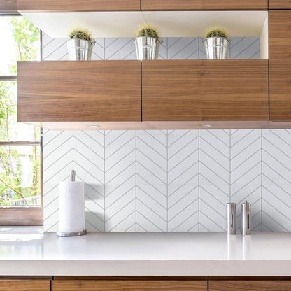 STICKGOO Herringbone Peel and Stick Backsplash, White/Grey Grout, 10 Sheets | 12.6 x 9.7 in, Thicker Rectangular Vinyl Stick-On Wall Tiles, Easy Alignment, Waterproof, Easy to Clean, Kitchen/Bathroom - color: White With Grey Grout, size: Pack of 10