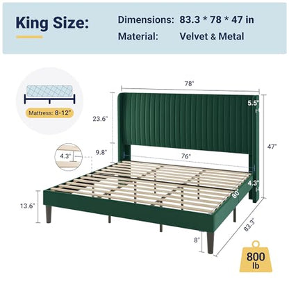 Allewie King Size Bed Frame/Velvet Upholstered Platform Bed/Vertical Channel Tufted Wingback Headboard/Strong Wooden Slats/No Box Spring Needed/Easy Assembly/Green - color: Green, size: King