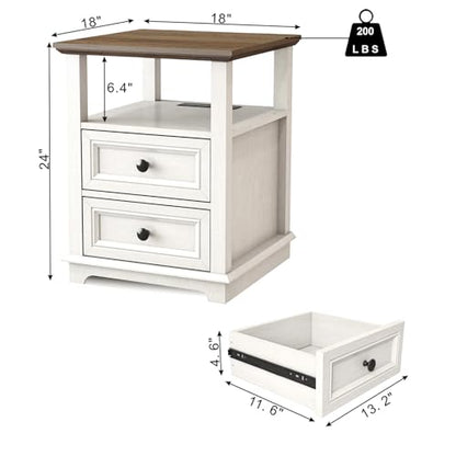 18" Wide End Table with Fast Charging Station Set of 2, 18” Wide Sofa End Table with Drawers,Storage Rustic Wood Storage Cabinet,Sofa Table for Living Room,White | 18” Wide Sofa End Table with Drawers,Storage Rustic Wood Storage Cabinet,Sofa Table for Liv
