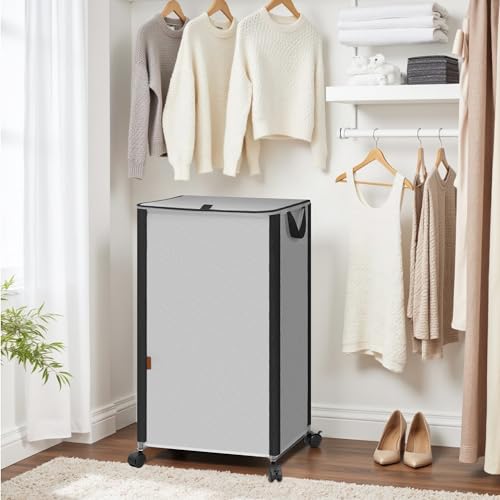 STORAGE MANIAC Rolling Laundry Hamper with Lid, 23.7 Gal (90 L) Large Tall Laundry Basket with Wheels & Handles, Aesthetic Dirty Clothes Hamper for Small Space, Dorm, Apartment, College, Gray - color: Gray