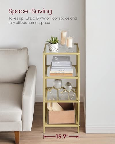 VASAGLE Bookcase, 4-Tier Bookshelf, Slim Shelving Unit for Bedroom, Bathroom, Home Office, Tempered Glass, Steel Frame, Metallic Gold ULGT28G - color: Metallic Gold, size: 4 Tiers (15.7"W x 37.4"H)