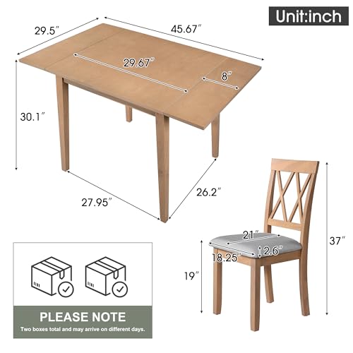 3Pcs Dining Set with Drop Leaf Dining Table and 2 X-Back Chairs, Solid Wood Kitchen Table Set for Small Place, Natural+Grey - color: Natural+grey