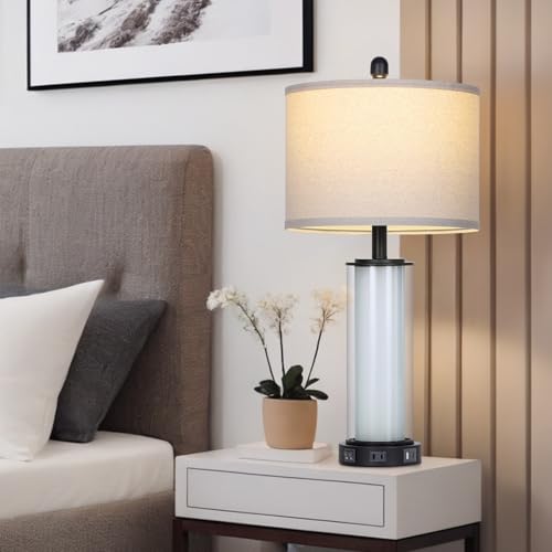 Black Glass Table Lamps Set of 2, 26" Living Room Lamp with Built-in Frosted Glass Night Light, Modern Bedroom Lamp with USB C+A Ports & AC Outlet, Bedside Lamps for Nightstand (4 Bulbs Included) - color: Black