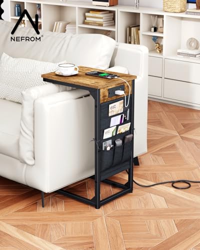 C-Shaped End Table with Fast-Charging Station, Small Couch Side Table with Storage Bag, Sofa TV Tray Table for Living Room, Bedroom, Bedside ET-BR-1 - color: Rustic Brown
