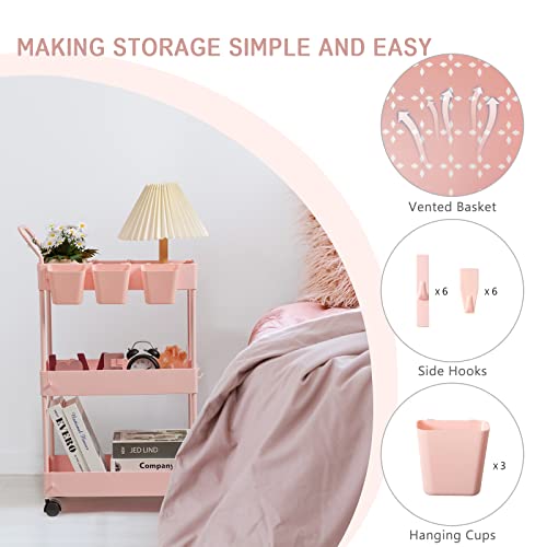 Slim Storage Cart, 3 Tier Narrow Rolling Cart on Wheels Bathroom Organizer with Dividers Handle Hanging Cups Hooks for Laundry Room Kitchen Small Spaces, Pink - style: 3 Tier Pink