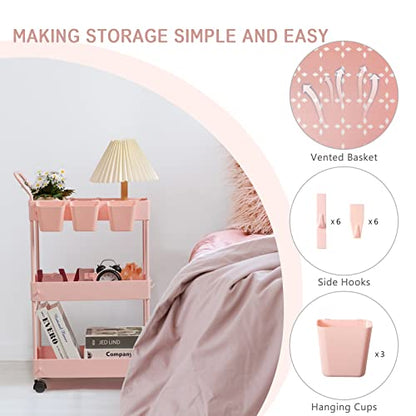 Slim Storage Cart, 3 Tier Narrow Rolling Cart on Wheels Bathroom Organizer with Dividers Handle Hanging Cups Hooks for Laundry Room Kitchen Small Spaces, Pink - style: 3 Tier Pink