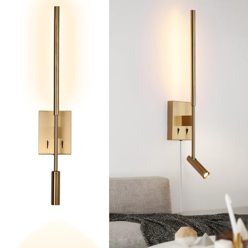 Modern Plug in Wall Sconce Indoor Ambient Lighting for Bedroom, Gold LED Wall Mounted Reading Lamp with Switch, Corded Minimalist Linear Wall Light with 5.9FT Clear Cord for Living Room Corner Hallway - color: Gold, size: 1-PCS