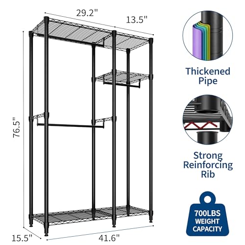 Freestanding Heavy Duty Garment Rack, Large, Black | Adjustable Shelves and Hanging Rods, 700 Lbs Capacity, Portable Closet Organizer, For Bedroom or Cloakroom Storage - size: 41.6"D x 15.5"W x 76.5"H