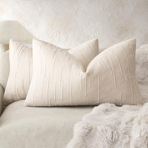 Foindtower Pack of 2 Slubby Textured Chenille Throw Decorative Pillow Covers Lumbar Accent Solid Cushion Cover Neutral Farmhouse Pillow Case for Couch Sofa Bedroom Living Room 12x20 Inch,Ivory - color: Light Beige, size: 20" x 12" (Pack of 2)