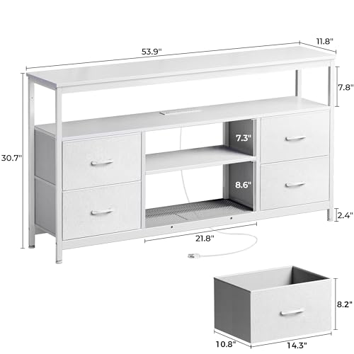 Huuger TV Stand Dresser with Power Outlets and LED Lights, 4 Drawers Entertainment Center with Shelves, 54 Inch Media Console for 55 60 Inch TV, 4 AC Outlets, 2 USBs, Dresser with PU Finish, White - color: White, size: 54 Inches