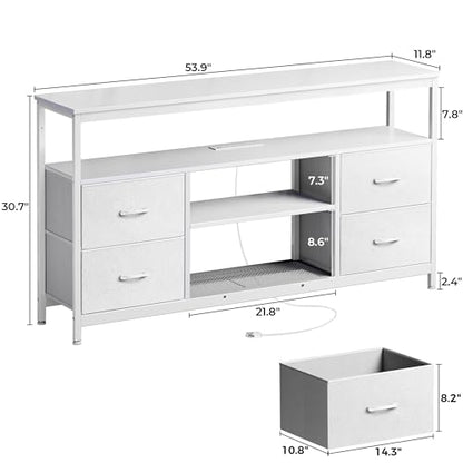 Huuger TV Stand Dresser with Power Outlets and LED Lights, 4 Drawers Entertainment Center with Shelves, 54 Inch Media Console for 55 60 Inch TV, 4 AC Outlets, 2 USBs, Dresser with PU Finish, White - color: White, size: 54 Inches