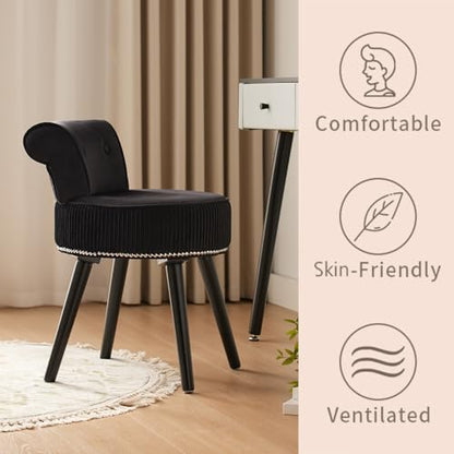 Small Black Vanity Chair with Back, Velvet Vanity Chair | Low Backrest Silvery Nailhead Trim, Round Vanity Seat for Bedroom and Bathroom Makeup, Support 220lbs, Easy Assembly (Black) - color: Black