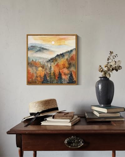 InSimSea Square Framed Canvas Wall Art, Nature Scenery Decor Farmhouse Quiet Forest Awakening Wall Art Prints, Autumn Fall Classical Retro Living Room Bedroom Office Home Decor 12"x12" - color: Forest Awakening, size: 12"L x 12"W