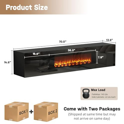 70" Wall Mounted Floating TV Stand with 36" Electric Fireplace, High Gloss Floating Entertainment Center TV Shelf for TVs Up to 80", Black Fireplace Media Console Table Floating TV Cabinet Living Room - color: Black, size: 70"-with fireplace