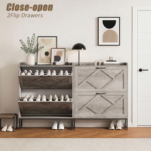 Shoe Cabinet Storage for Entryway, Slim Shoe Storage Cabient with 2 Flip Drawers, Narrow Vertical Shoe Rack Cabinet with Metal Hooks, Small Space Solution for Hallway, Grey - color: Grey